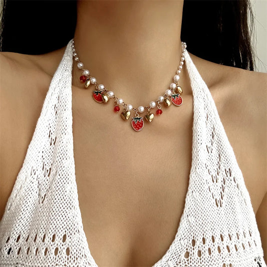 Red Strawberry Cherry Heart Pearl Necklace for Women Fashion