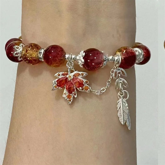 Trendy Red Crystal Beaded Maple Leaf Bracelet for Women