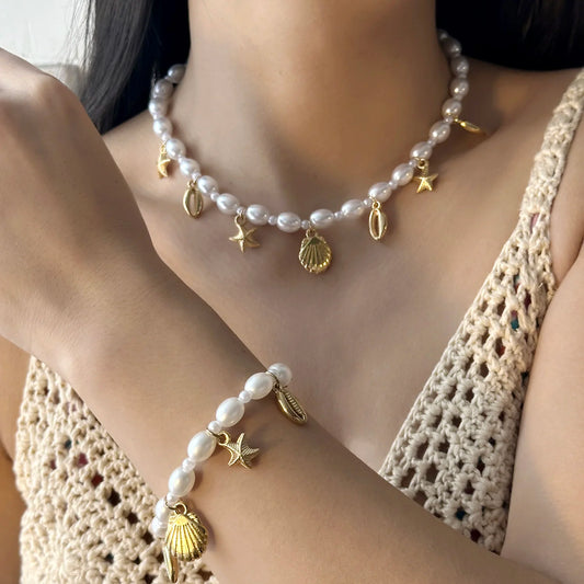 Chain Choker Necklace for Women Vintage Metal Shell Starfish Pendant