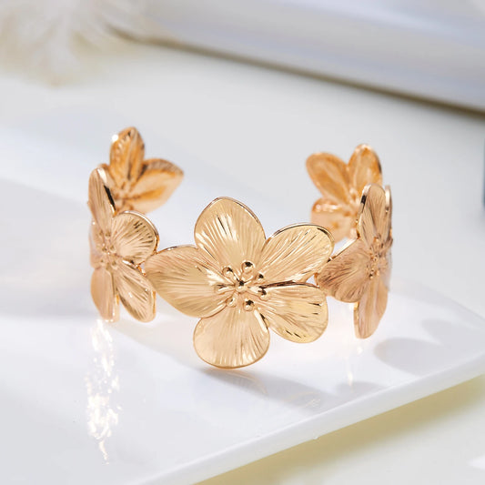 Metal Flowers Cuff Bangle for Women Girls Gold Color Butterfly Bracelets