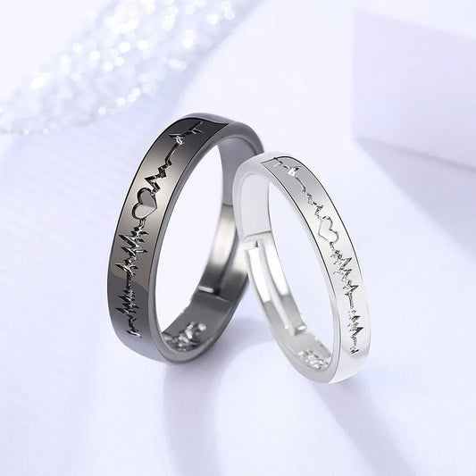 2Pcs/set Couple Rings For Women Men Punk Heart ECG Black White Wedding Ring