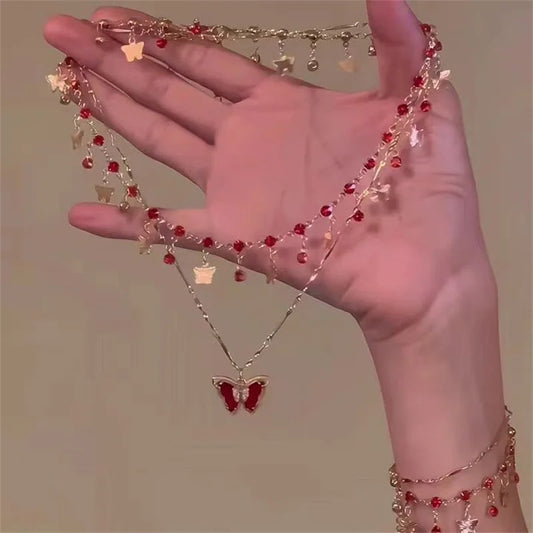 Butterfly Tassel Necklace for Women Elegant Double Layer Clavicle Chain