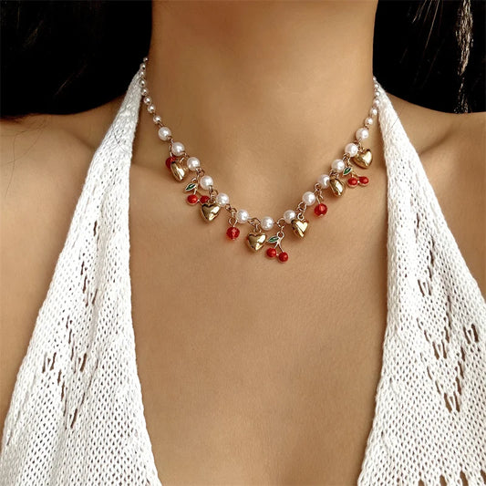 Red Strawberry Cherry Heart Pearl Necklace for Women Fashion
