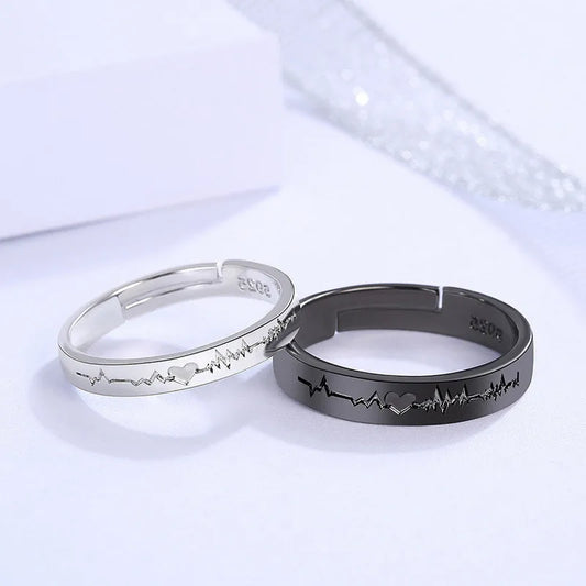 2Pcs/set Couple Rings For Women Men Punk Heart ECG Black White Wedding Ring
