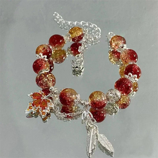 Trendy Red Crystal Beaded Maple Leaf Bracelet for Women