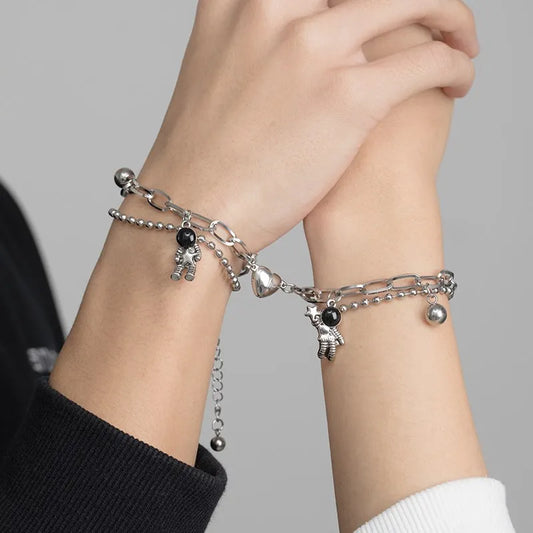 Romantic Couple Bracelet for Women Men Beautiful Heart Magnet Astronaut